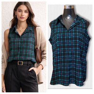 Green Plaid Sleeveless Button Shirt M Dark Academia Preppy 90s Classic Top